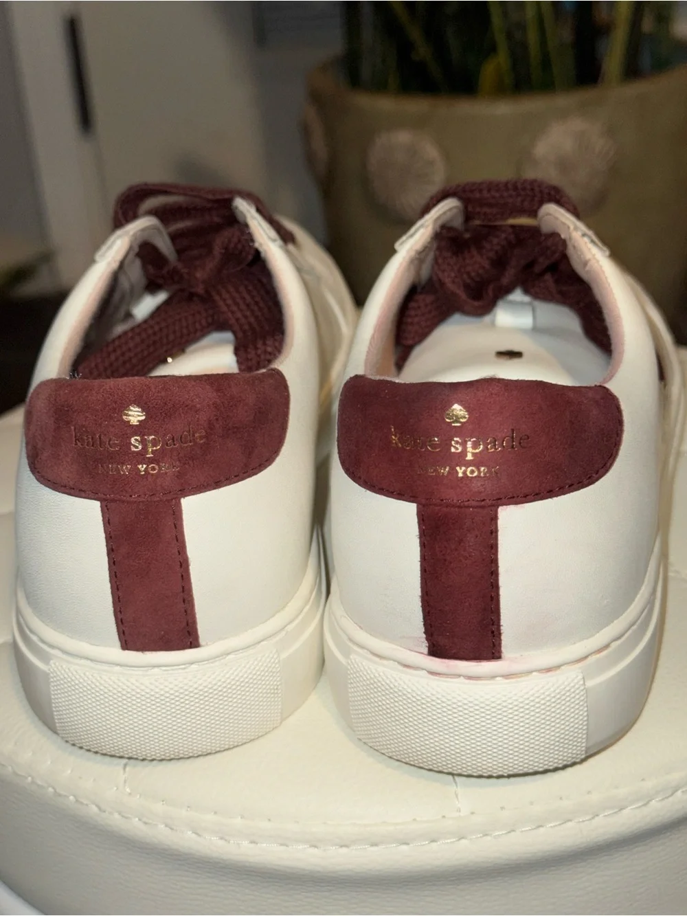 Kate Spade New York Fez White Leather Ace Suede Sneakers Burgundy Accent Sz 10B
